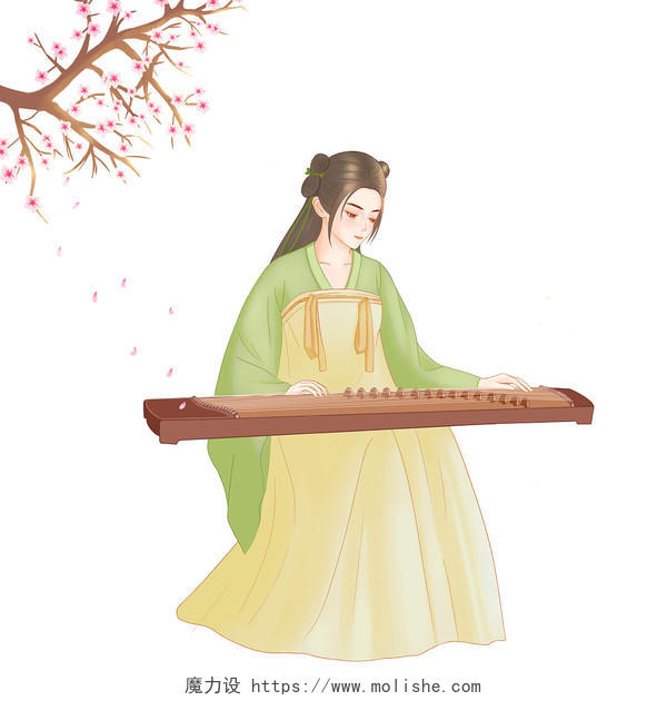 汉服女孩弹古筝乐器艺术音乐传统文化古装古风人物PNG素材